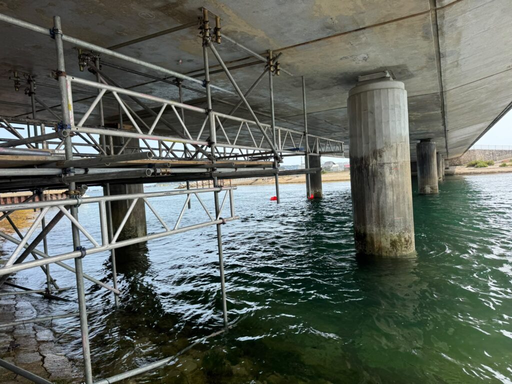 Suspended access scaffolding beneath Ferry Bridge in Weymouth