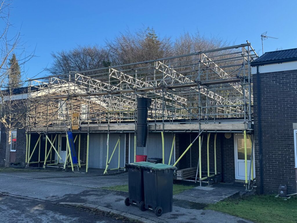 Temporary roofing and access scaffold at MOD Blandford Camp