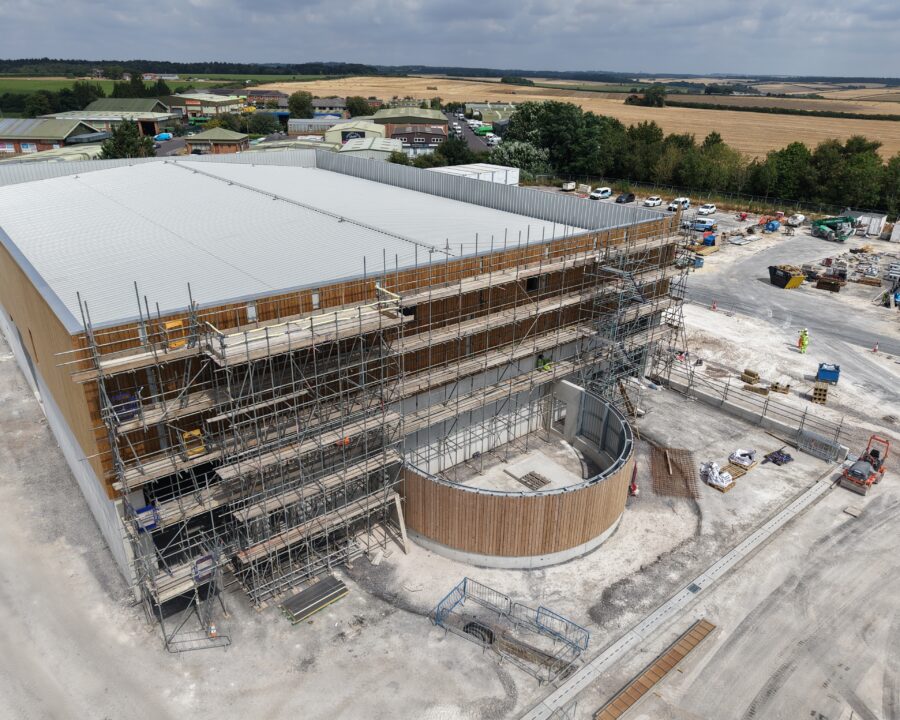 Aerial view of access scaffolding around the waste-management building at Blandford HWRC in Blandford Forum