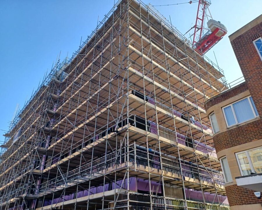 Fully boarded access scaffold around Hendy House in Bournemouth