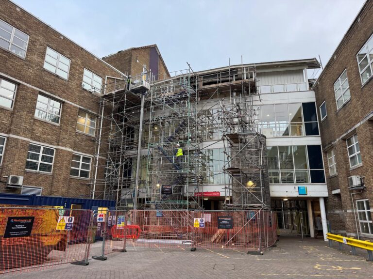 Scaffolding in the courtyard at Dorset County Hospital